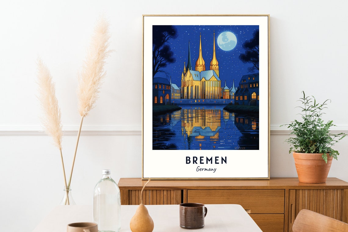 Bremen Cathedral Night Moonlight River Reflection Travel Poster - Image 2
