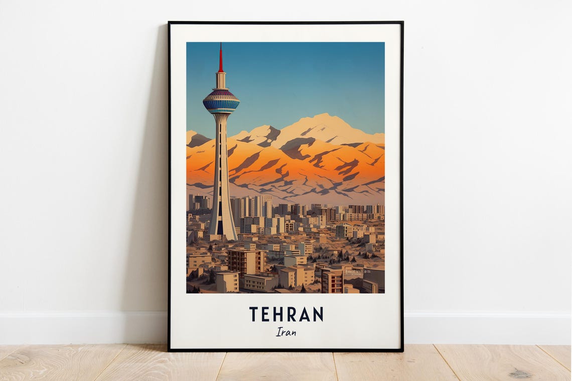 Tehran Iran Milad Tower Sunset Mountain City View Travel Poster