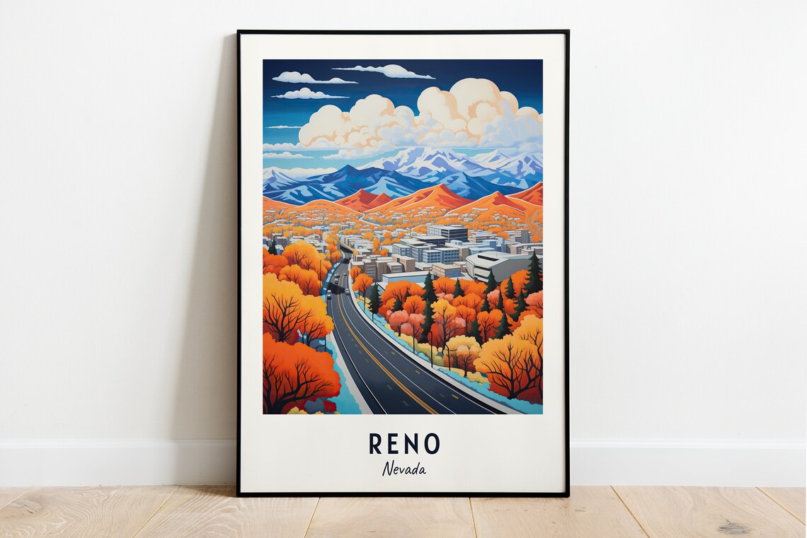 Reno Nevada Autumn Road Into Mountain City Vintage Travel Poster