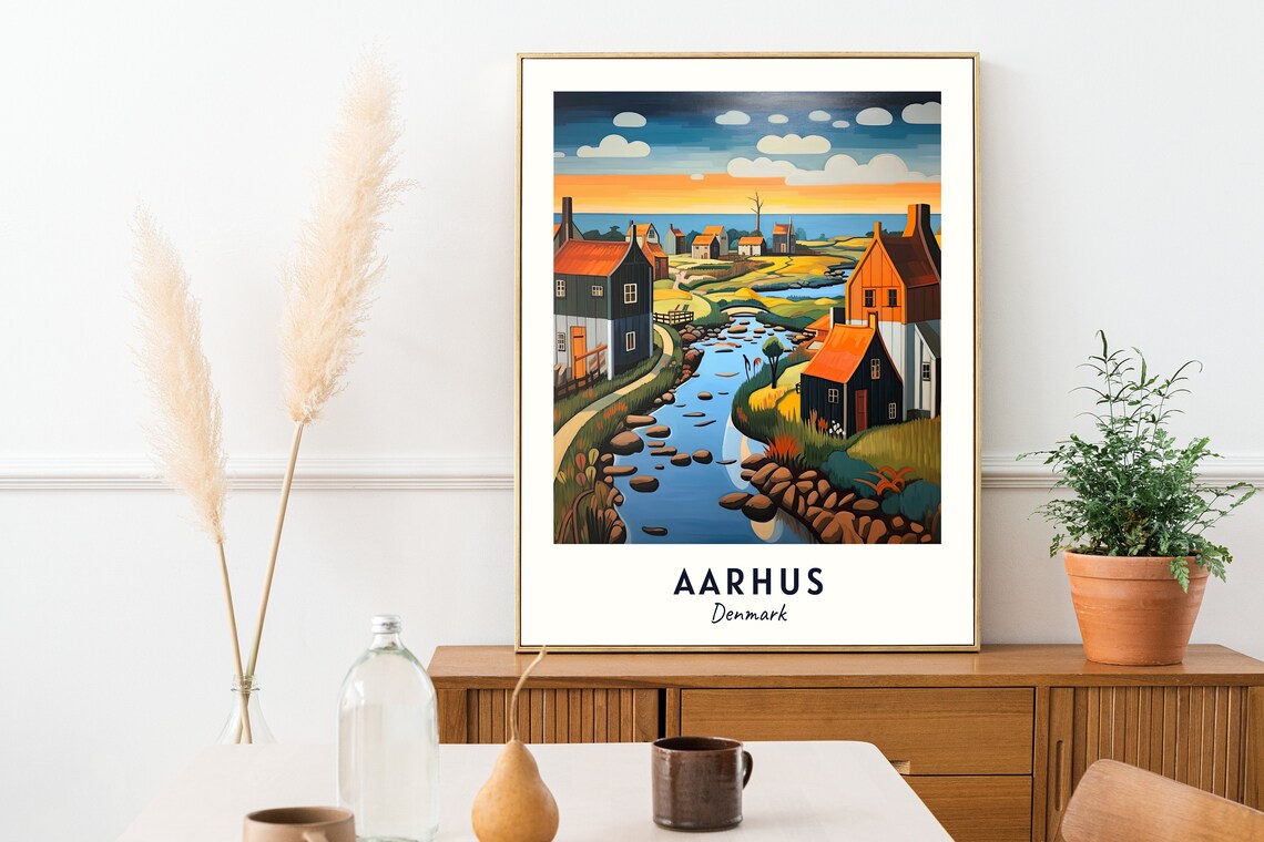 Aarhus Coastal Village Orange Roofs Sunset Stream Travel Poster - Image 2