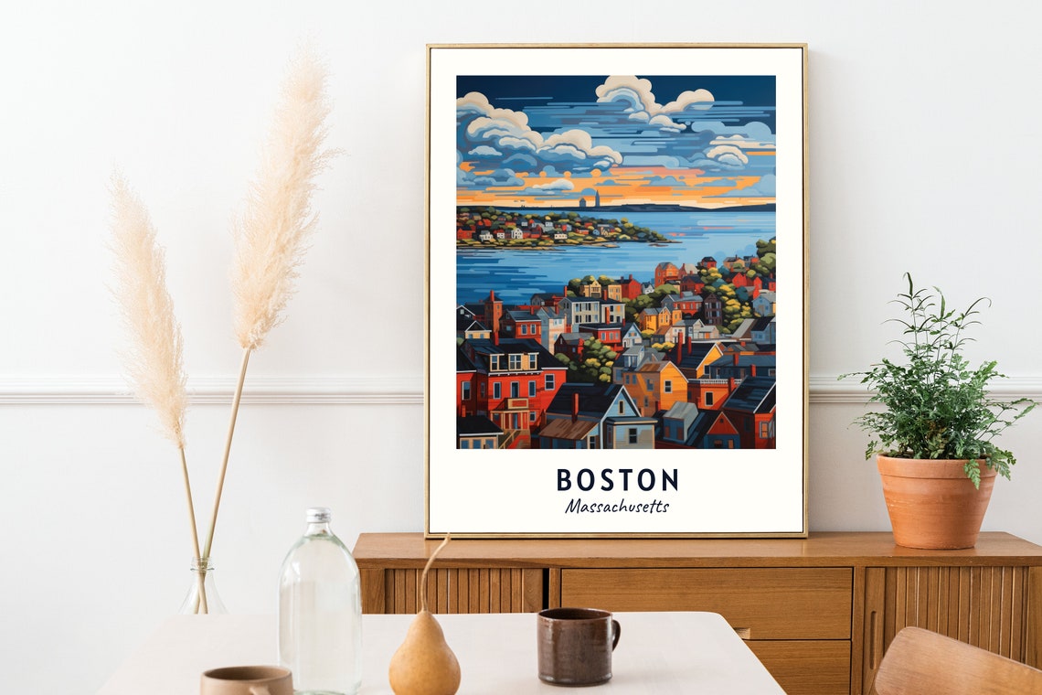 Boston Massachusetts Harbor Sunset Row Houses Brick Travel Poster - Image 2
