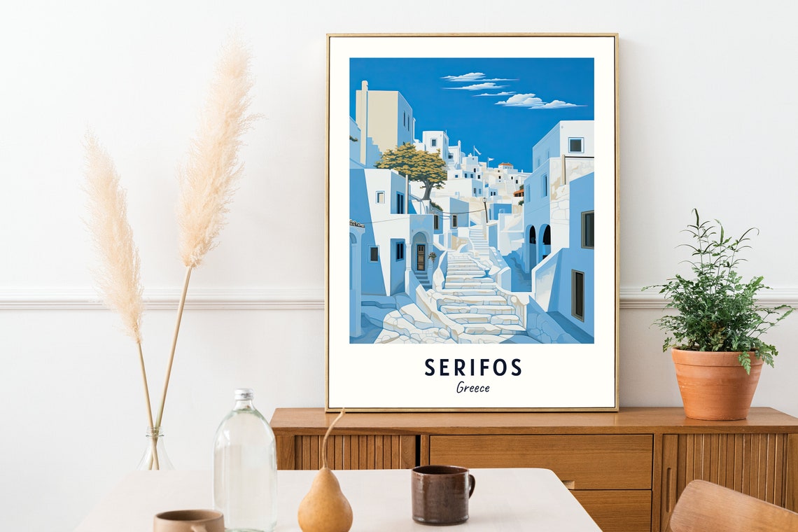 Serifos Greece Whitewashed Village Stone Steps Blue Sky Travel Poster - Image 2
