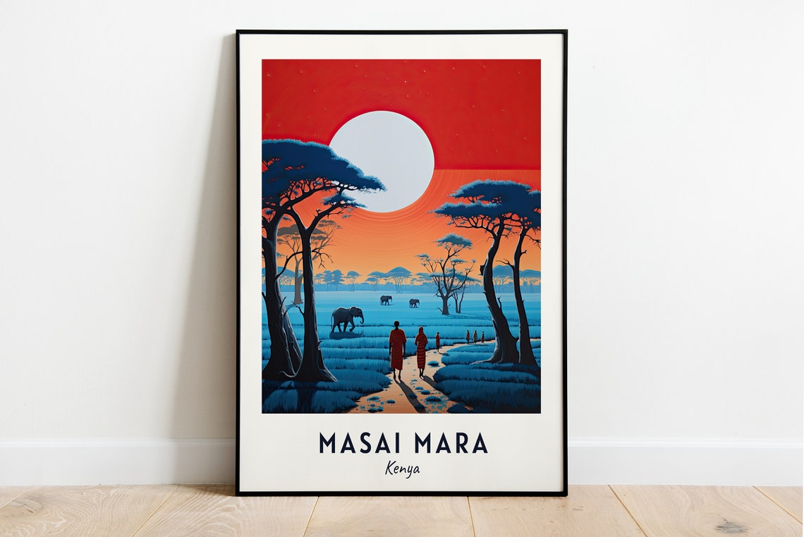 Masai Mara Kenya Safari Sunset Elephants Wildlife Travel Poster