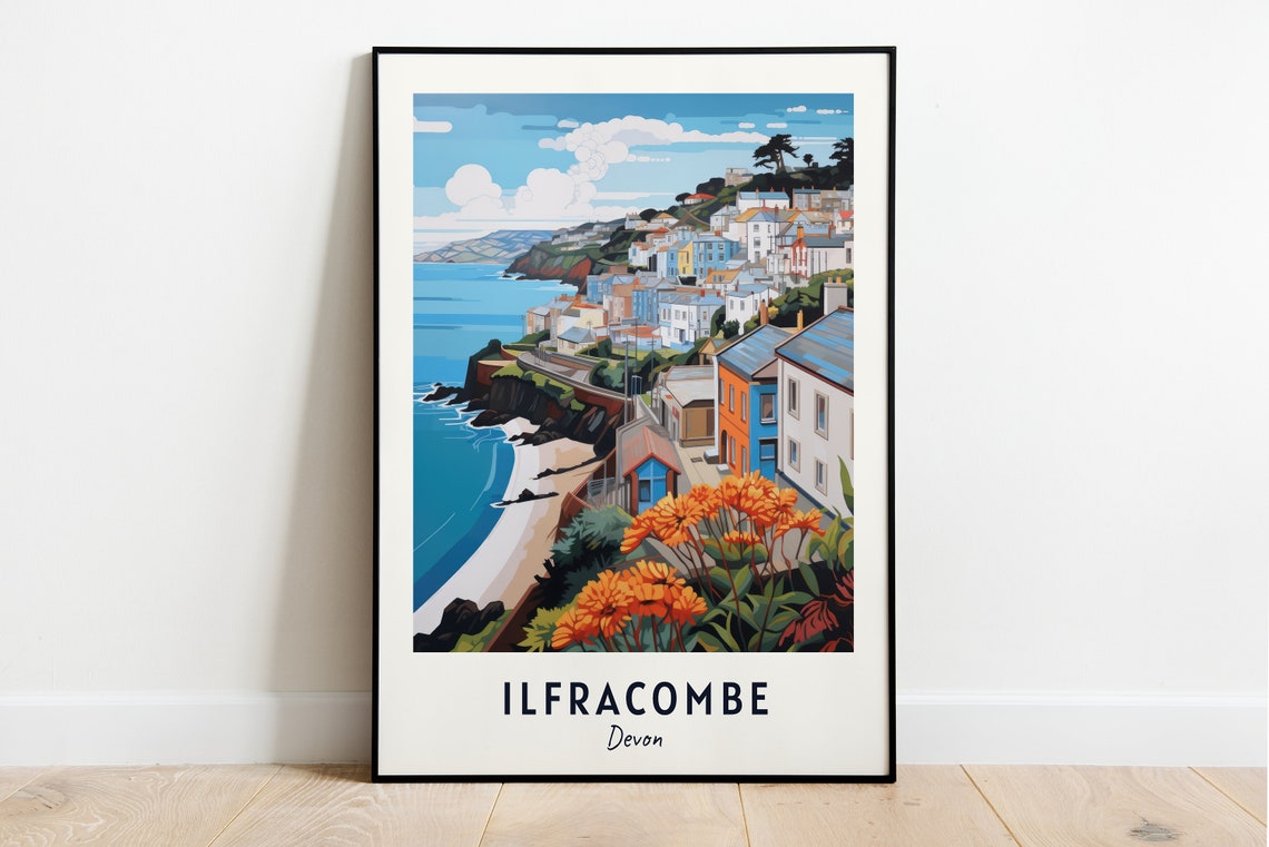 Ilfracombe Devon Colorful Harbor Town Cliffside Coastal Poster