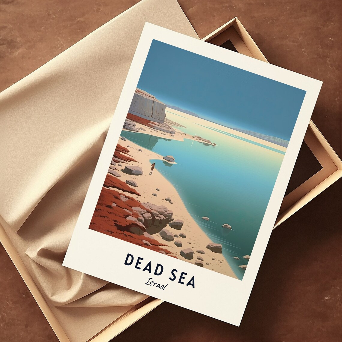 Dead Sea Israel Calm Shore Rocky Beach Lone Figure Travel Poster - Image 3