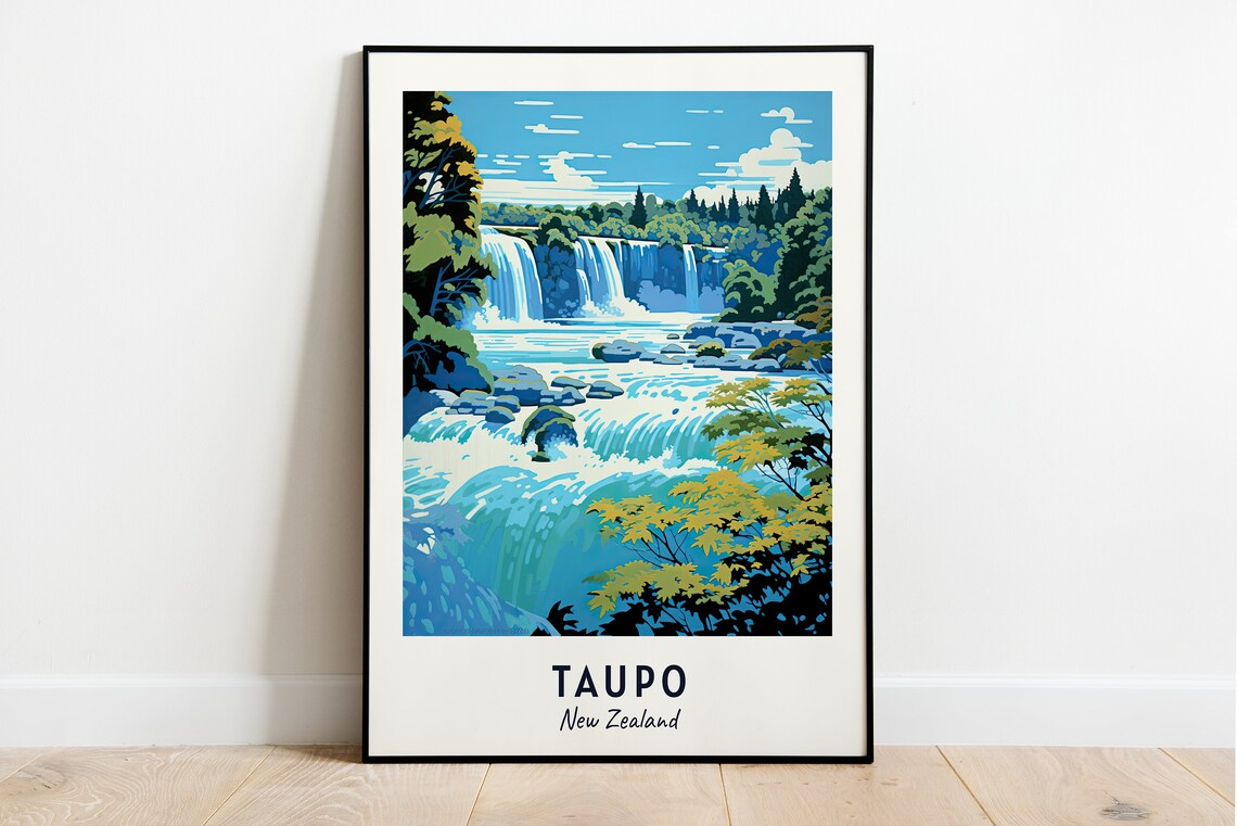 Taupo New Zealand Cascading Waterfall River Rapids Nature Travel Poster