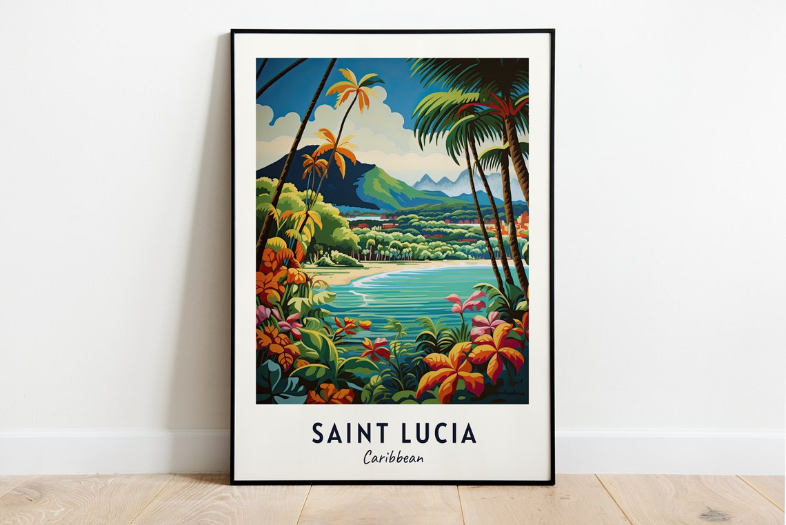 Saint Lucia Lush Jungle Bay Turquoise Caribbean Travel Poster