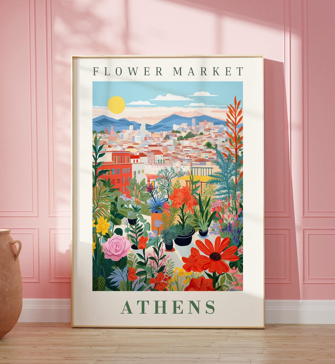 Athens Flower Market Terrace Garden Hillside City View Poster