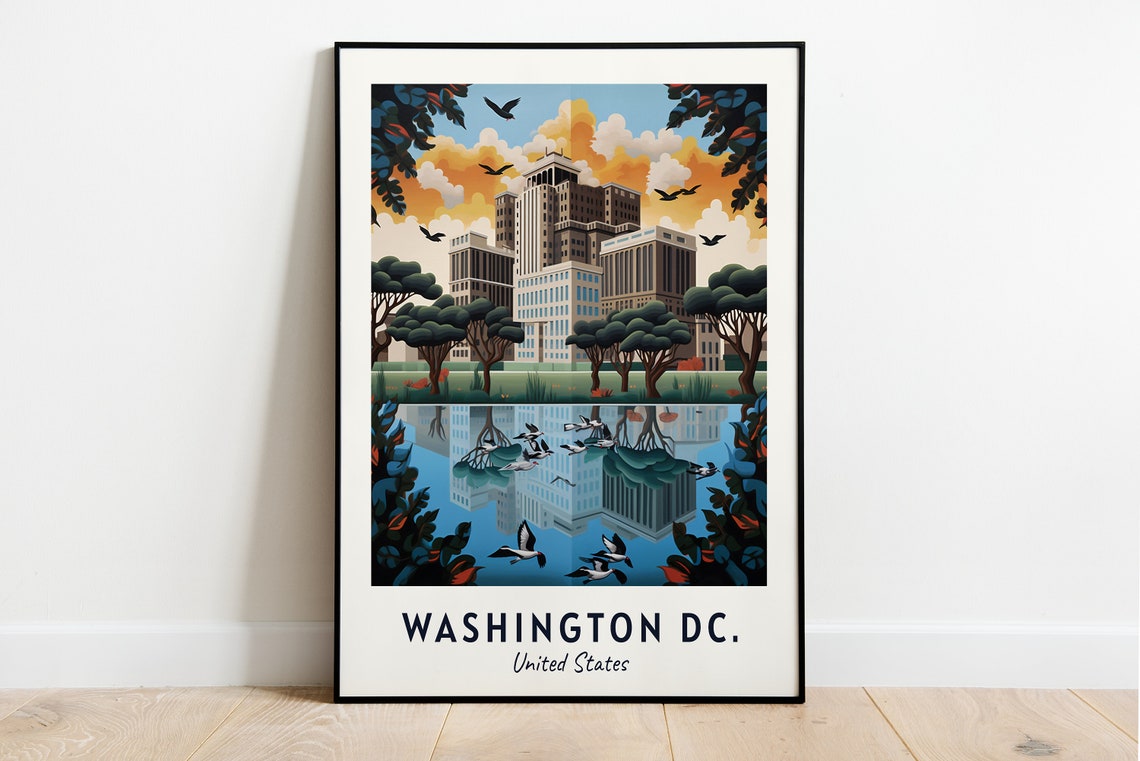Washington DC City Park Pond Flying Geese Skyline Travel Poster