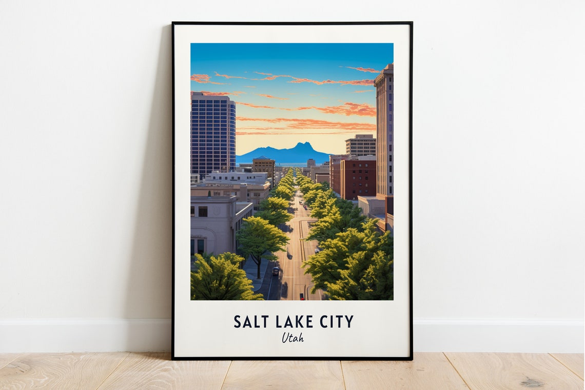 Salt Lake City Utah Downtown Avenue Facing Mountains Travel Poster