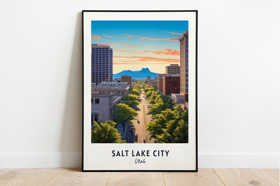 Salt Lake City Utah Downtown Avenue Facing Mountains Travel Poster