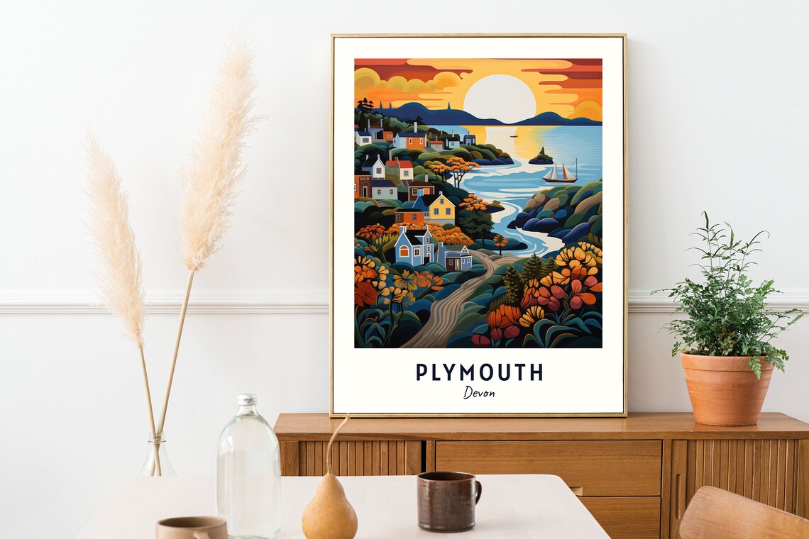 Plymouth Devon Golden Sunset Harbour Cottages Floral Cove Poster - Image 2