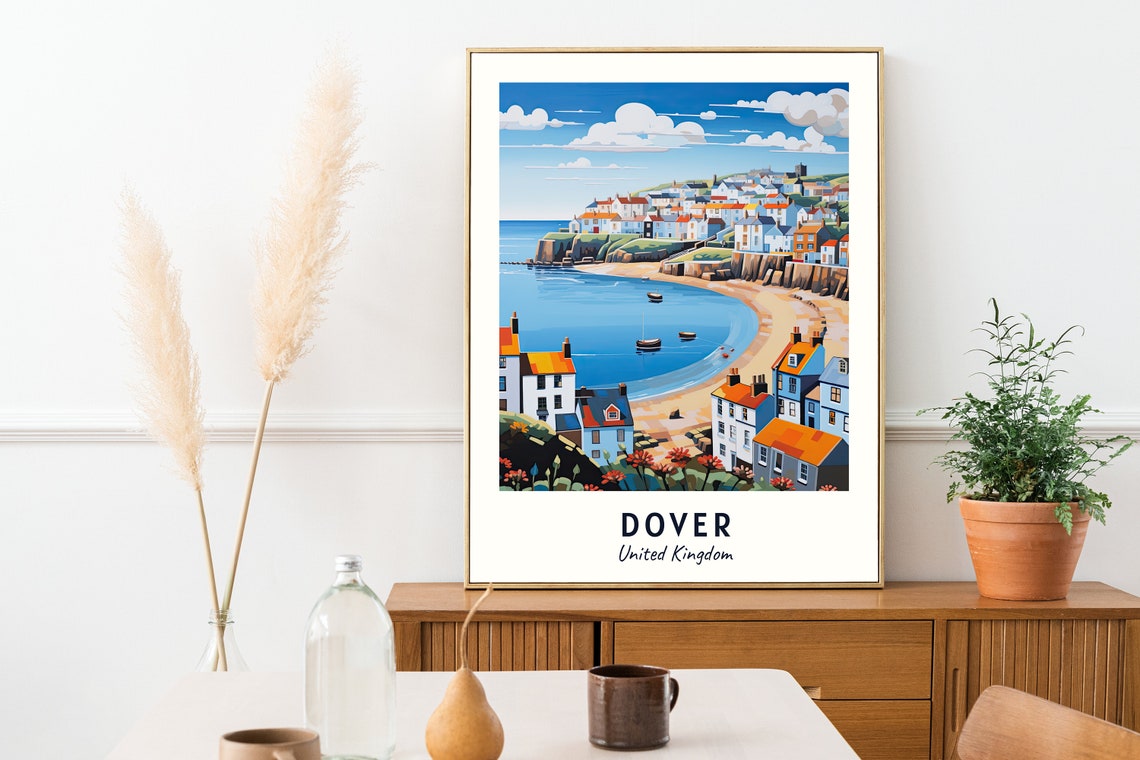 Dover United Kingdom Colorful Coastal Harbor Town Scene Poster - Image 2