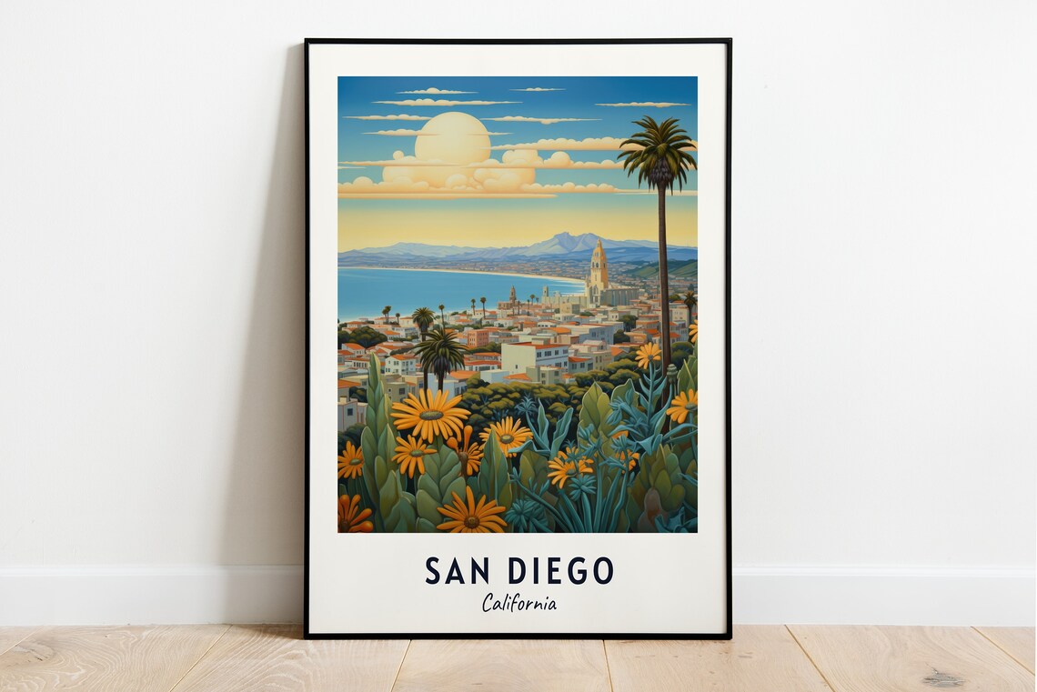 San Diego California Bay Vista Sunflowers Mission Bell Tower Travel Poster