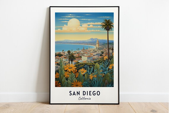 San Diego California Bay Vista Sunflowers Mission Bell Tower Travel Poster