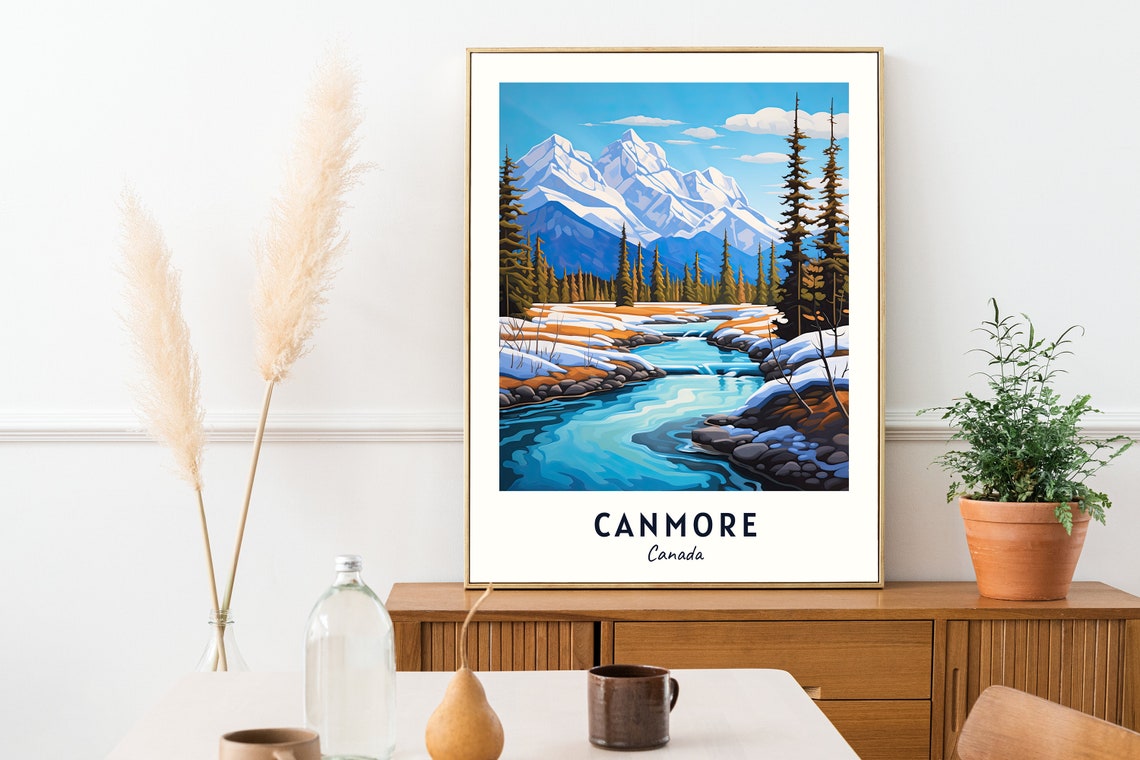 Canmore Canada Snow Capped Rocky Mountain River Valley Poster - Image 2