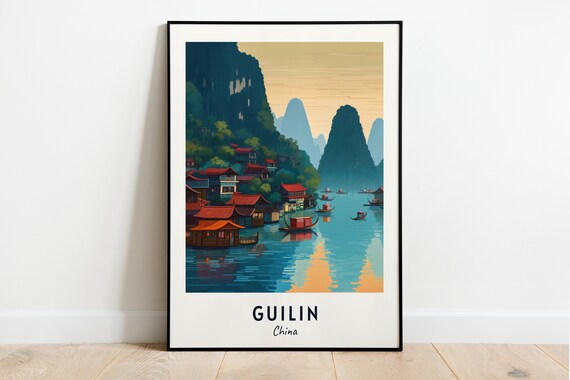 Li River Karst Mountains Riverside Village Guilin China Travel Poster