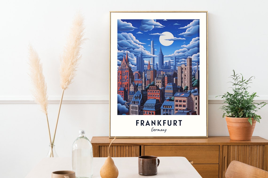Frankfurt Germany Night Skyline Full Moon Clouds Travel Poster - Image 2