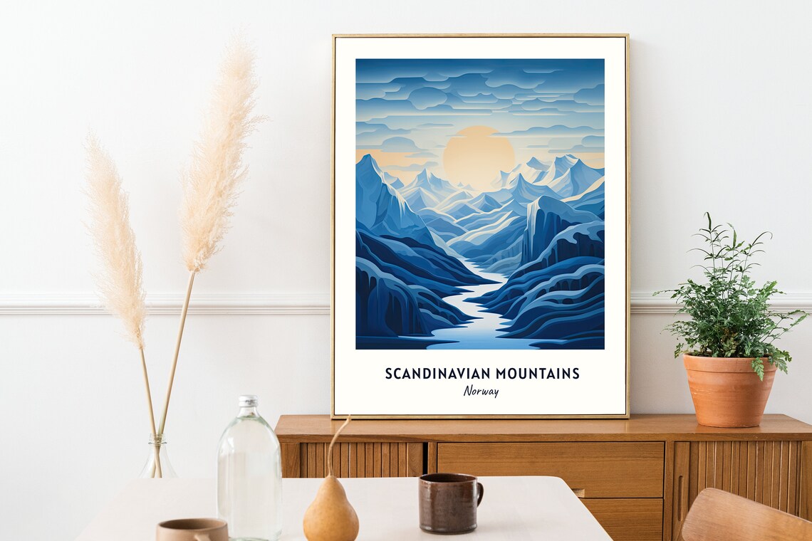 Scandinavian Mountains Norway Snowy Peaks Vintage Travel Poster - Image 2