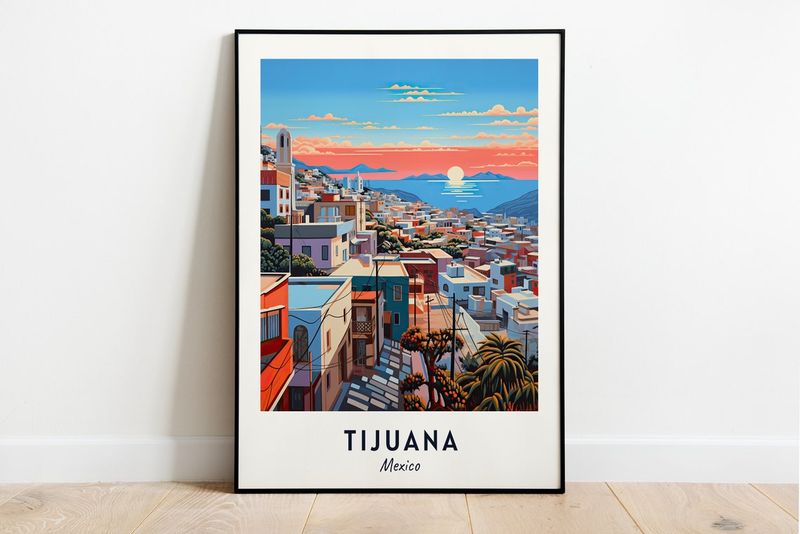 Tijuana Mexico Sunset Cityscape Pacific Ocean Horizon Travel Poster