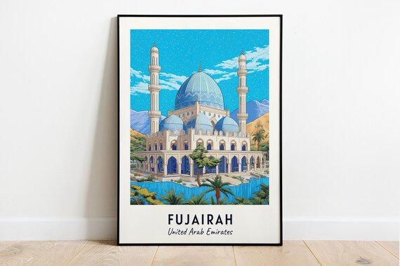 Fujairah Grand Blue Domed Mosque by the Water UAE Travel Poster