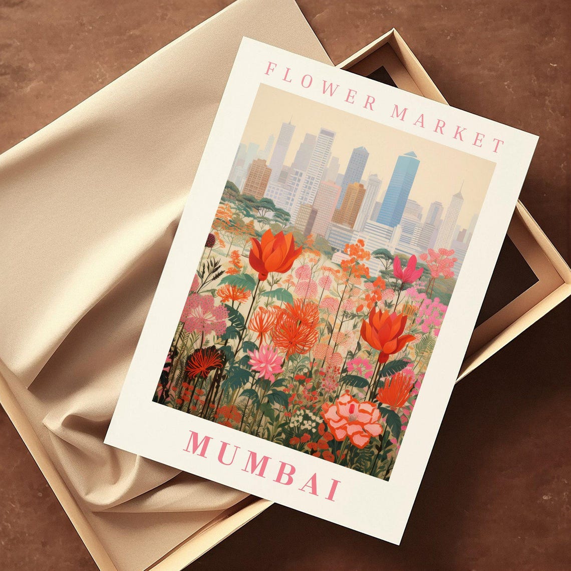 Mumbai India Flower Market Orange Lotus Bloom Skyline Travel Poster - Image 2