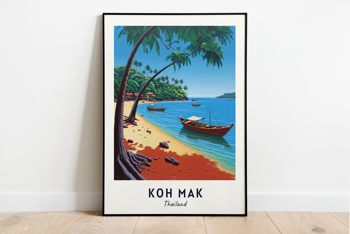 Koh Mak Thailand Tropical Beach Palm Trees Wooden Boats Travel Poster