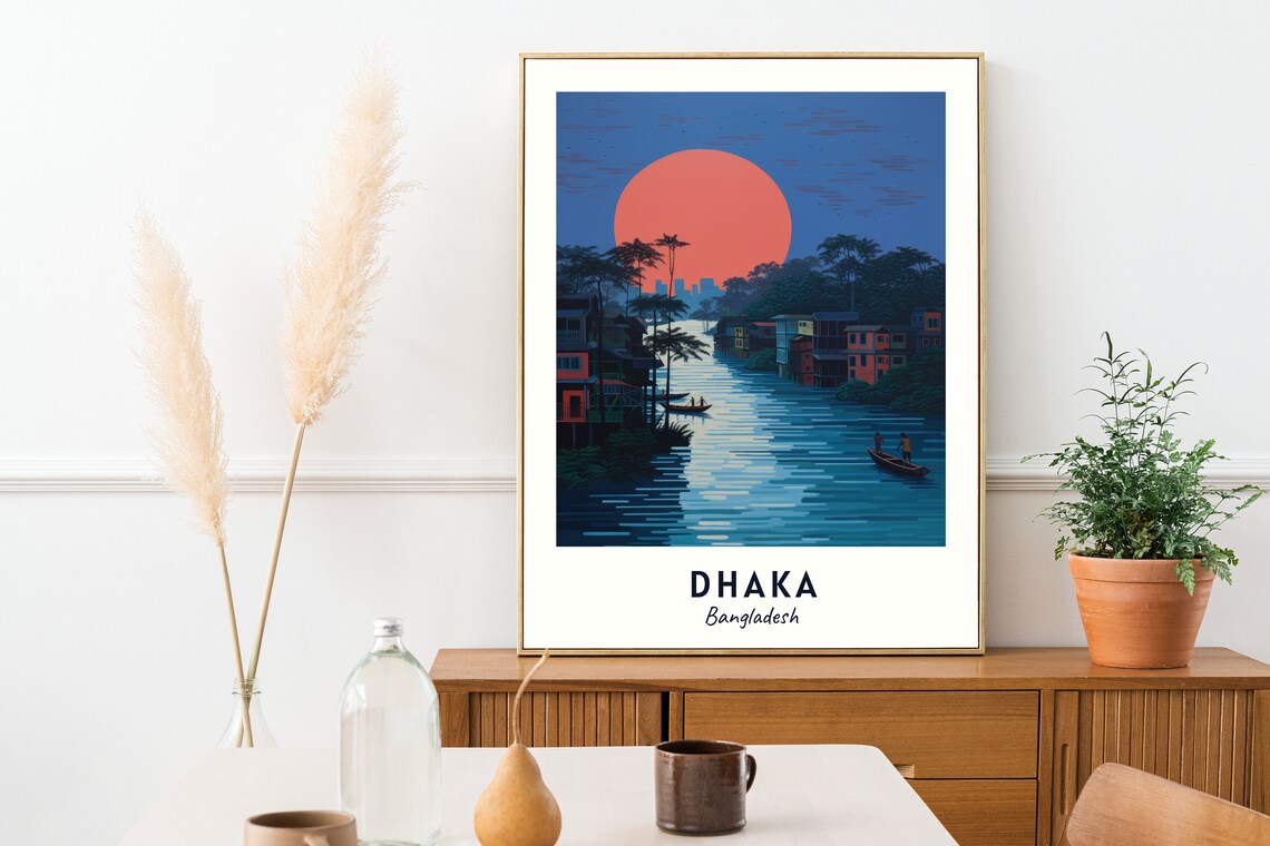 Dhaka Bangladesh Red Moon River Boats Minimalist Travel Poster - Image 2