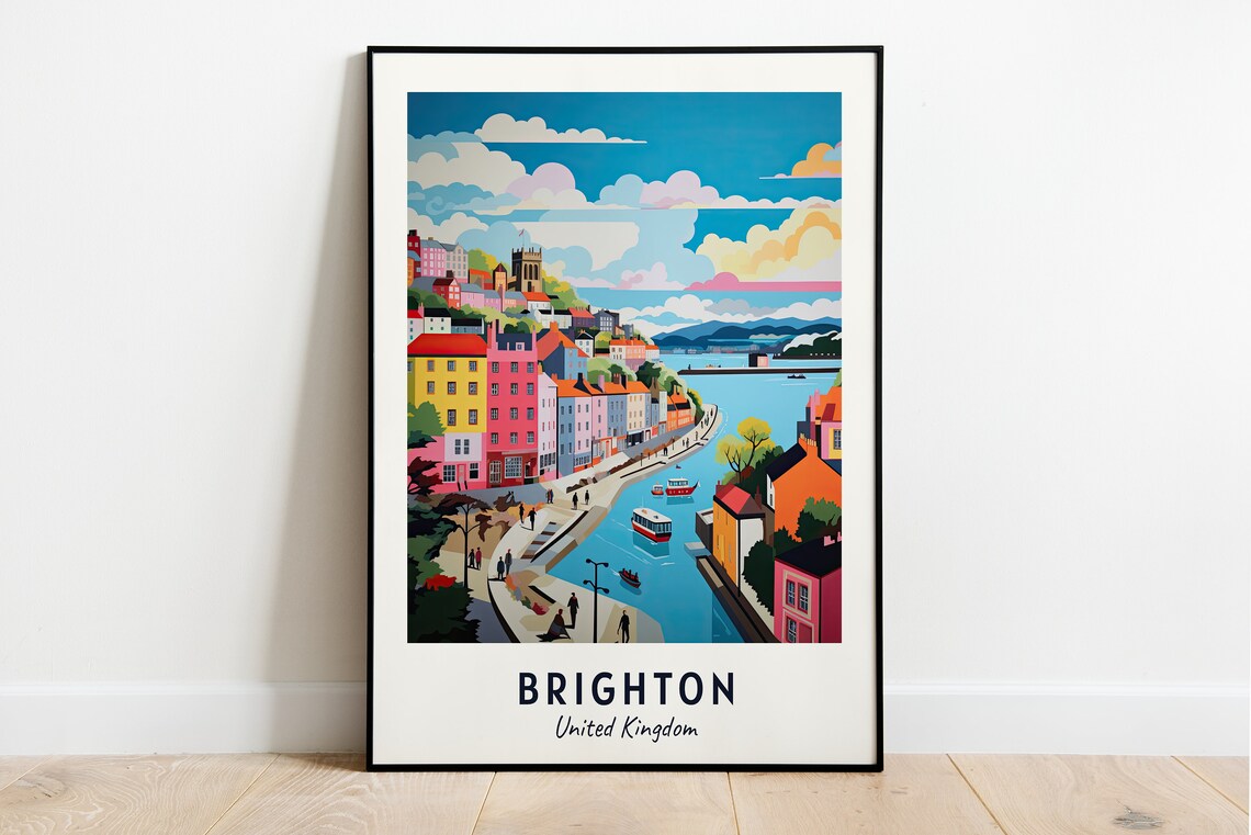 Brighton Colorful Harborside Houses Daytime Marina View Travel Poster