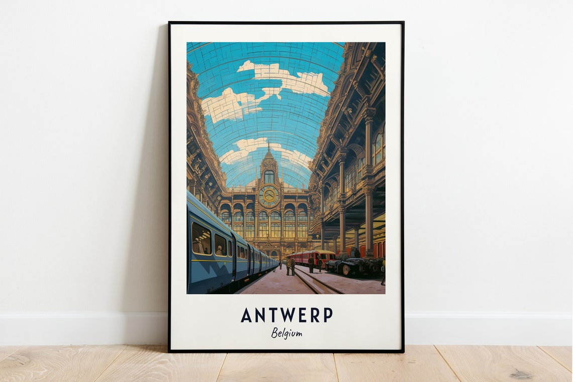 Antwerp Central Station Grand Hall Clock Trains Belgium Travel Poster