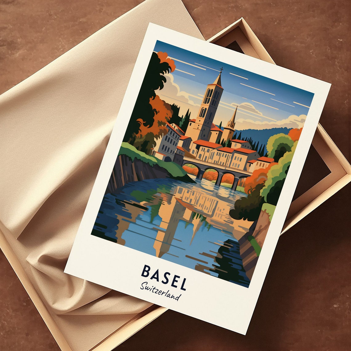 Basel Switzerland Old Town Bridge River Reflection Travel Poster - Image 3