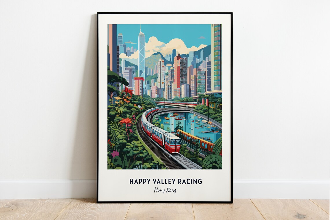Happy Valley Hong Kong City Skyline Railway Vintage Travel Poster