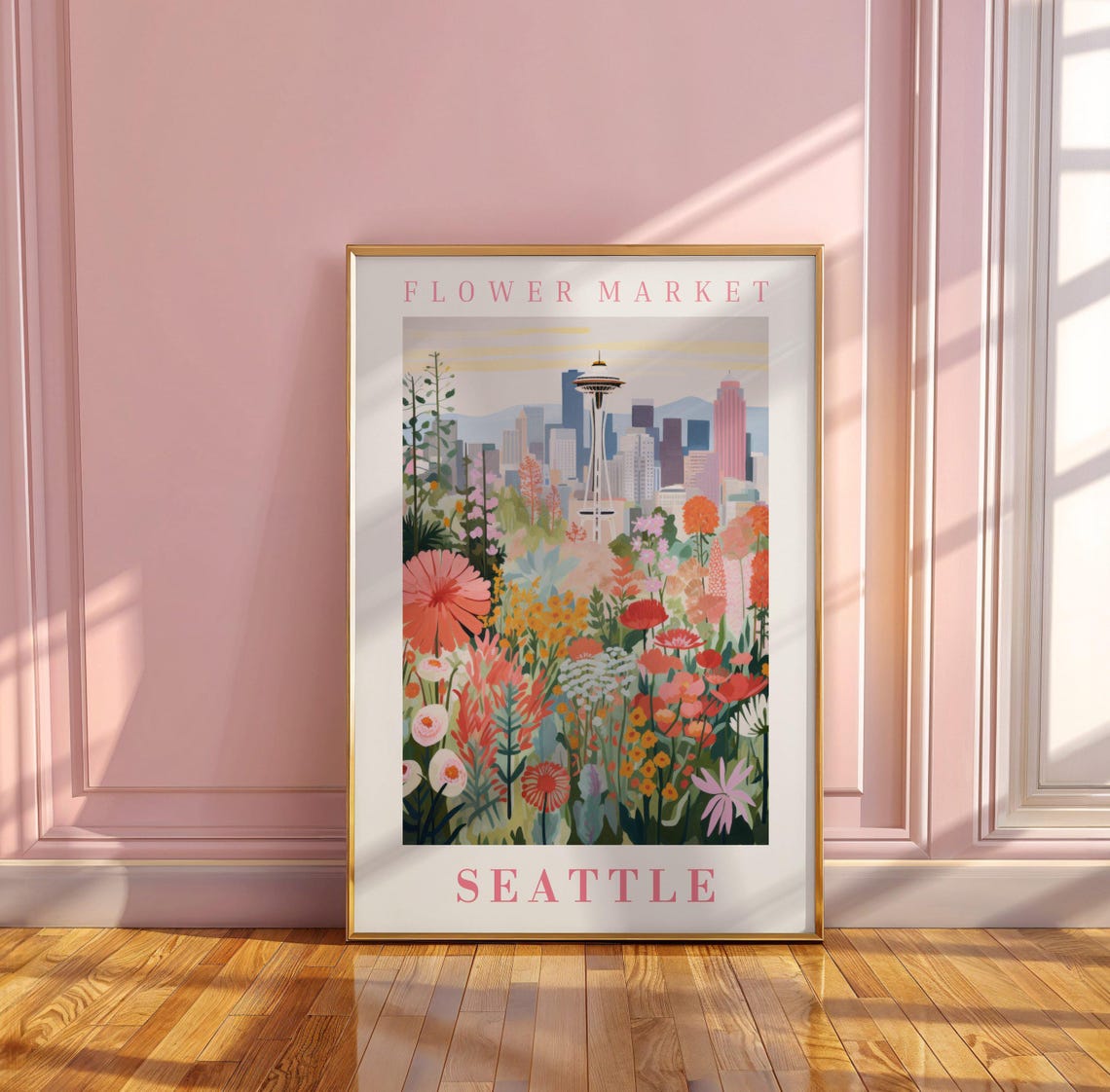 Seattle Flower Market Poster with Space Needle Sunset Flowers - Image 3