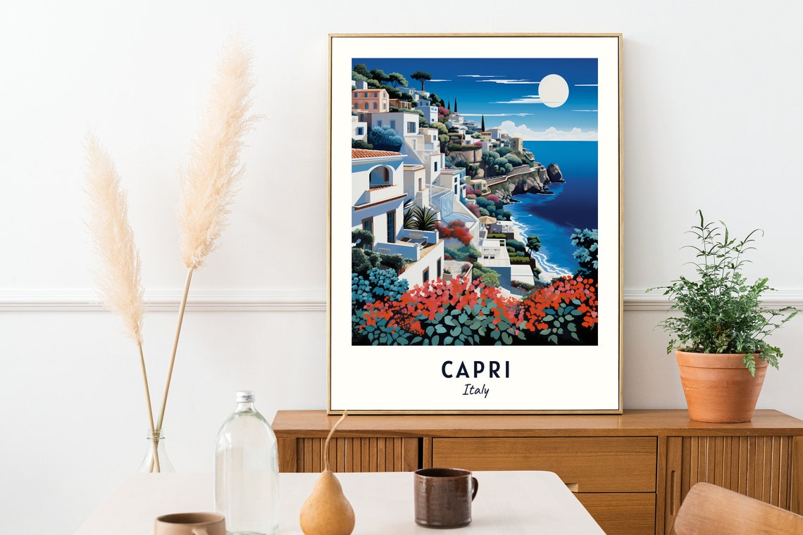 Capri Moonlit Cliffside Town Bougainvillea Italy Travel Poster - Image 2