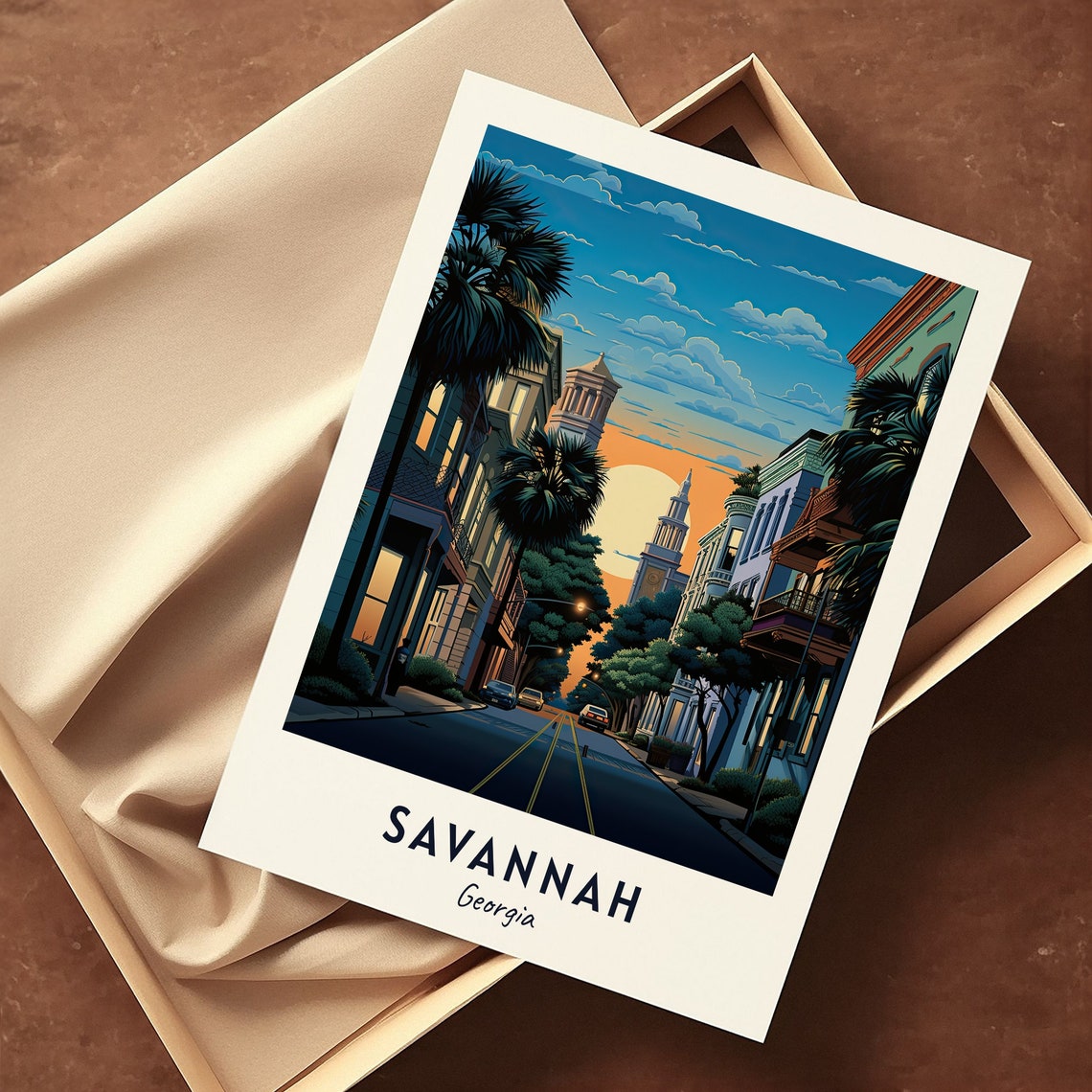 Savannah Palm-Lined Historic Street at Sunset Georgia Travel Poster - Image 3