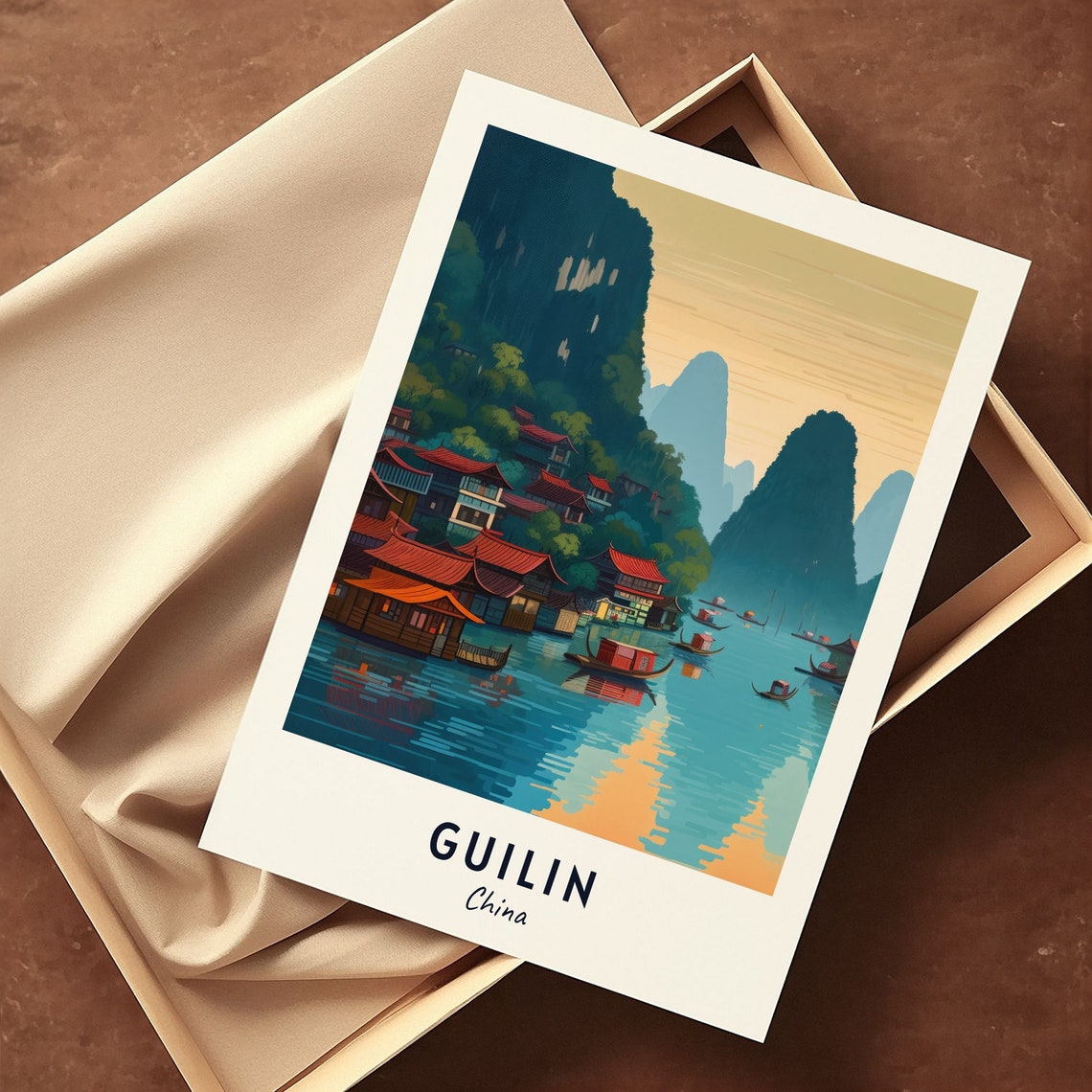 Li River Karst Mountains Riverside Village Guilin China Travel Poster - Image 3