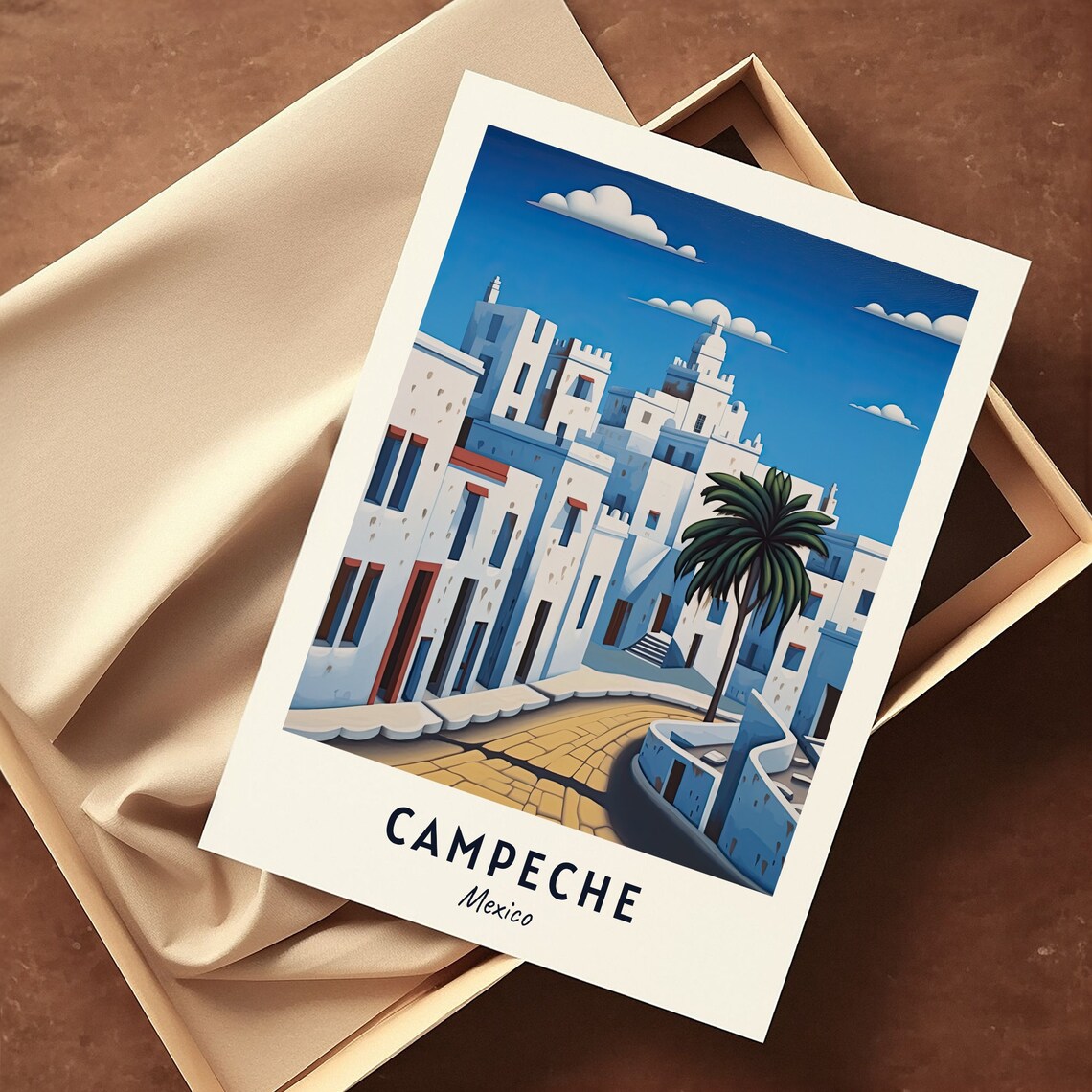 Campeche Mexico Colonial White Buildings Cobblestone Street Travel Poster - Image 3