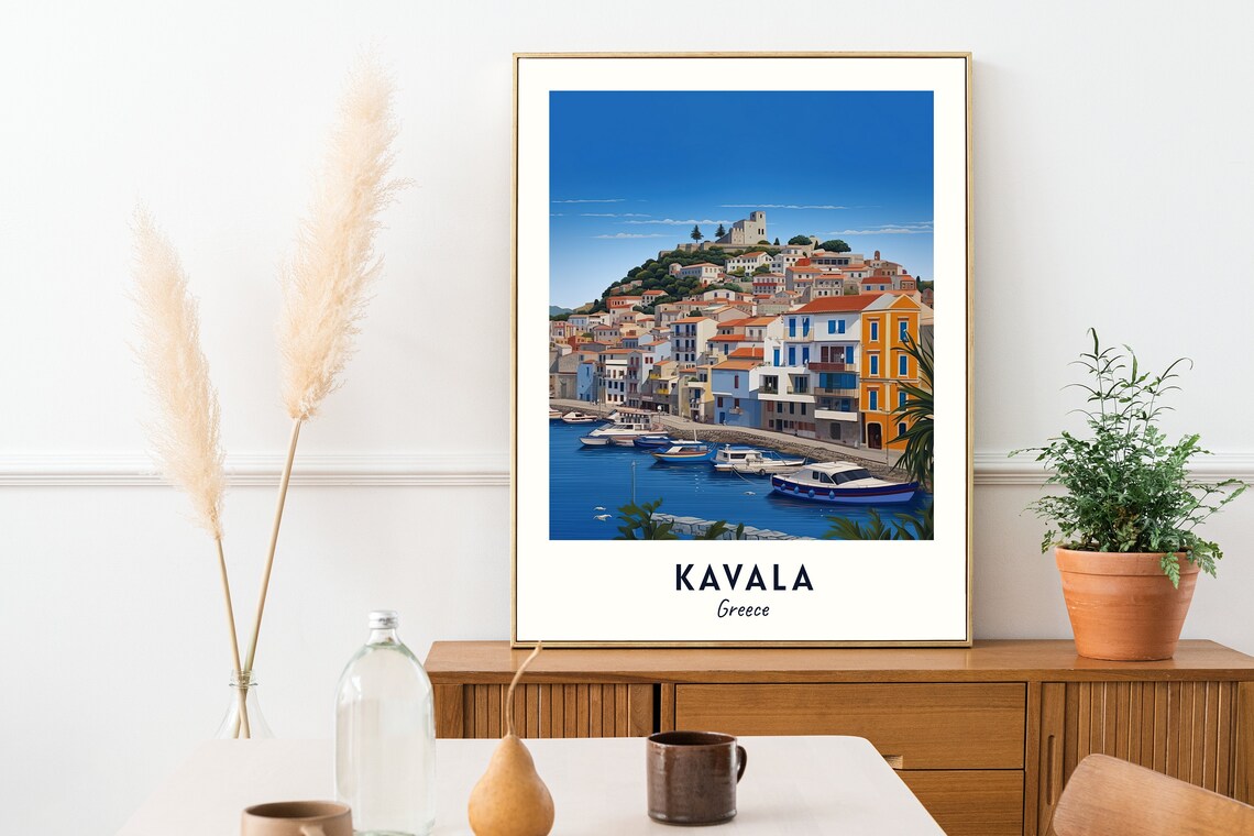 Kavala Greece Harbor Hillside Town Boats Aegean Travel Poster - Image 2