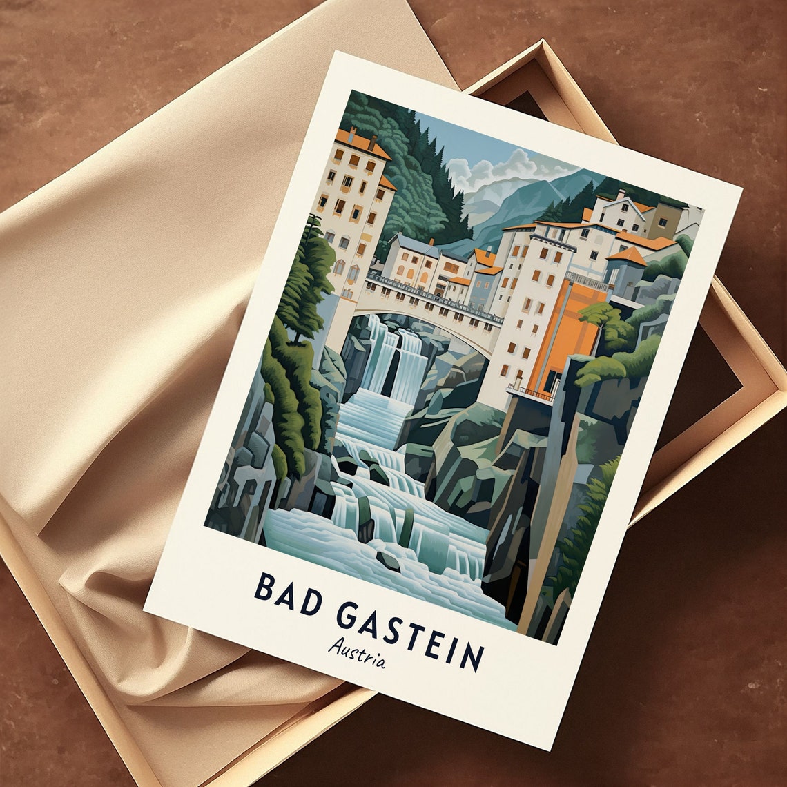 Bad Gastein Austria Waterfall Town Gorge Bridge Travel Poster - Image 3