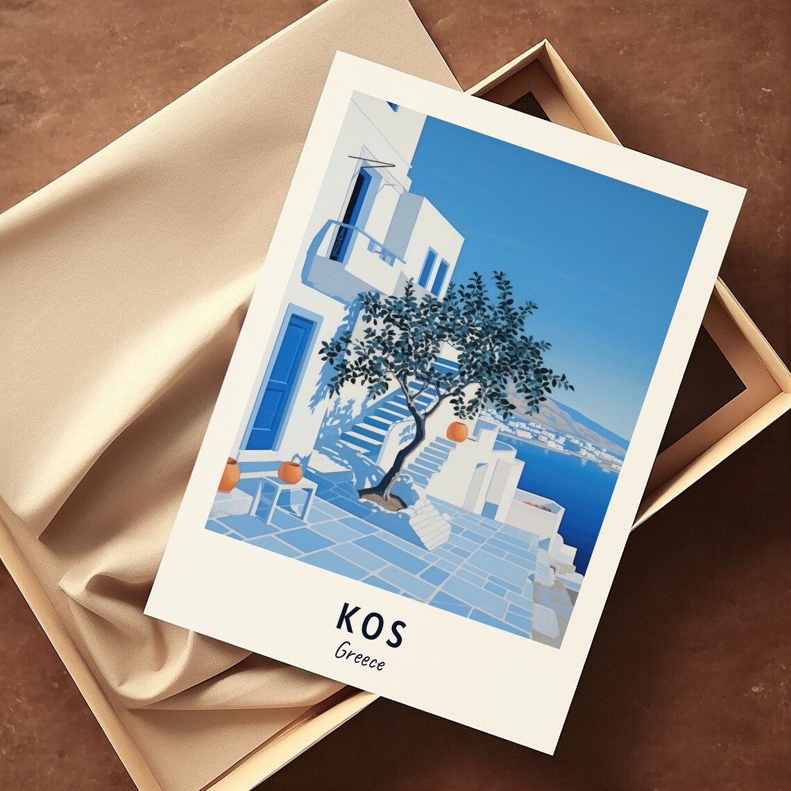 Kos Greece Whitewashed Courtyard Tree Sea View Blue Doors Travel Poster - Image 3
