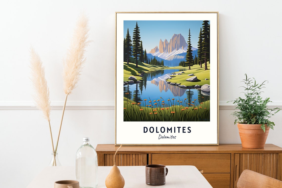 Dolomites Italy Alpine Lake Mirror Reflection Pine Peaks Poster - Image 2