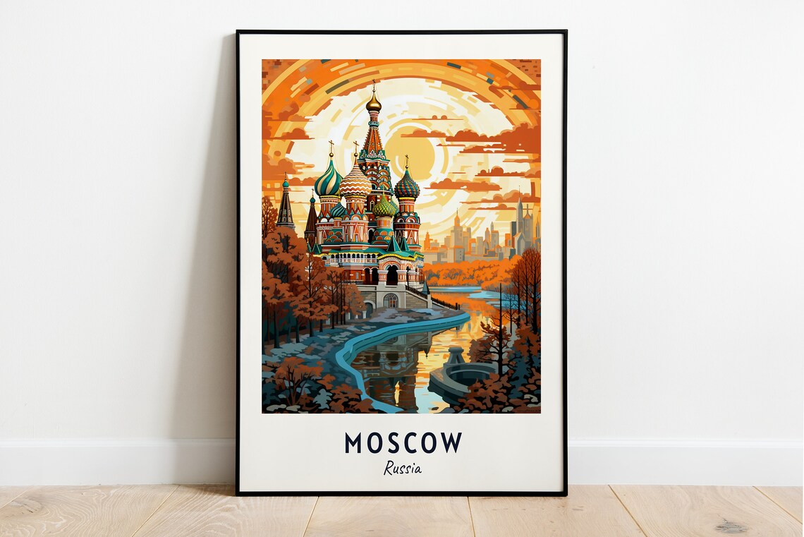 Moscow Russia St Basils Cathedral Autumn Sunset City Travel Poster