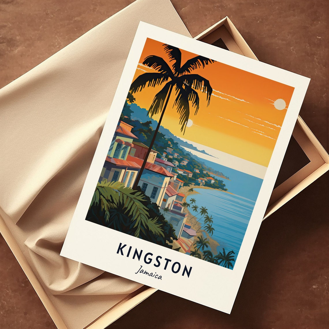 Kingston Jamaica Sunset Coastal Hillside Town Palm Tree Poster - Image 3