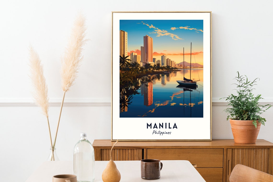 Manila Philippines Sunset Skyline Sailboat Bay Golden Hour Poster - Image 2