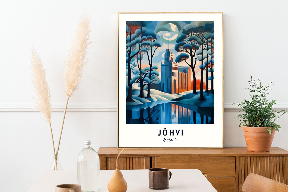 Serene Jõhvi Estonia Winter Forest Church Moon Snow Travel Poster - Image 2