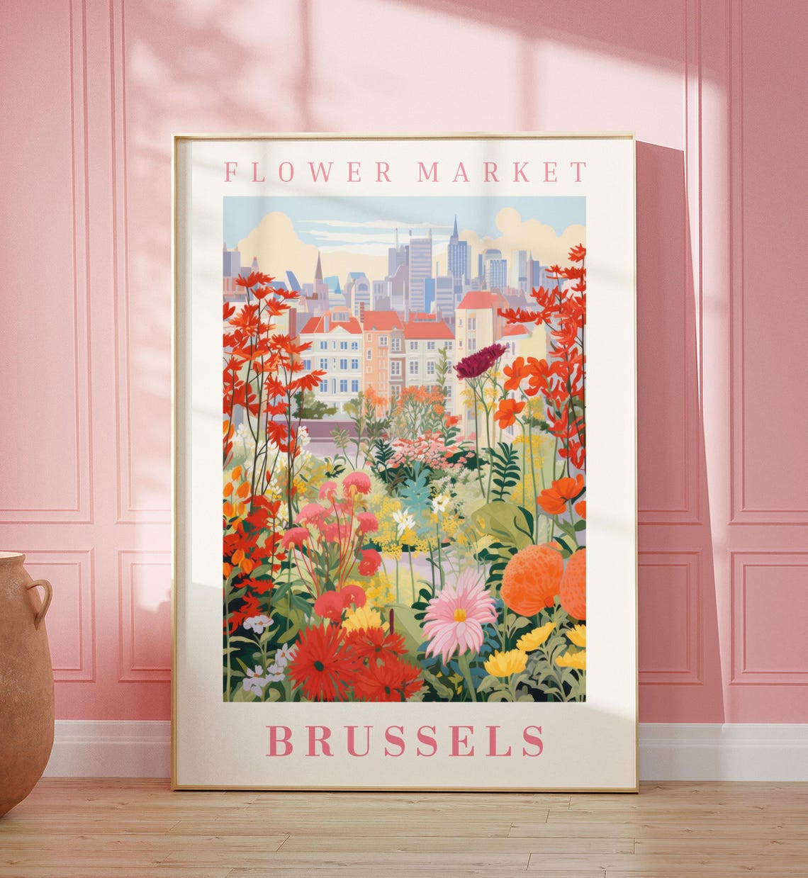 Brussels Flower Market Old Town Rooftops Blooming Garden Poster