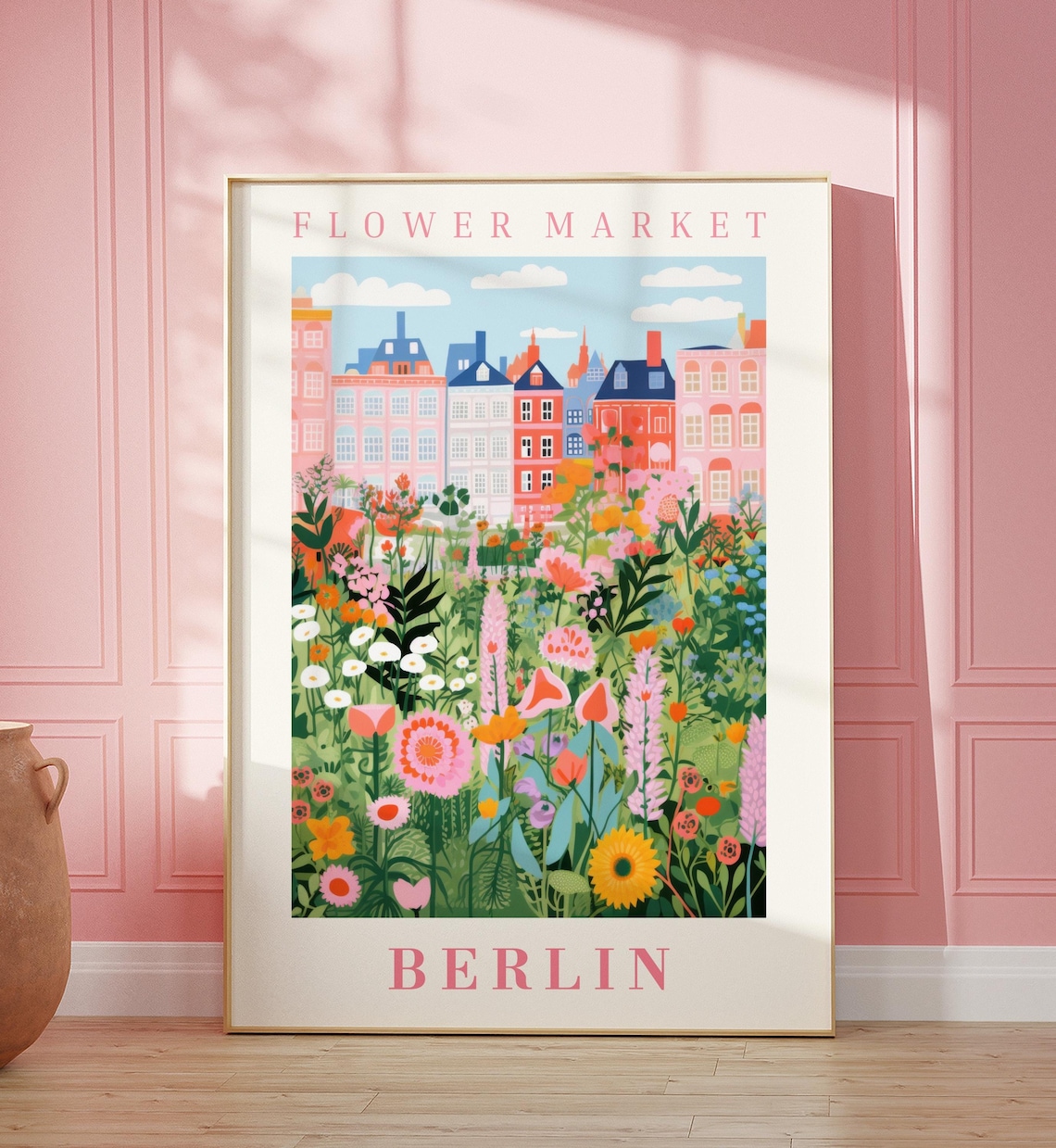 Berlin Flower Market Poster with Pastel Apartments Meadow Art