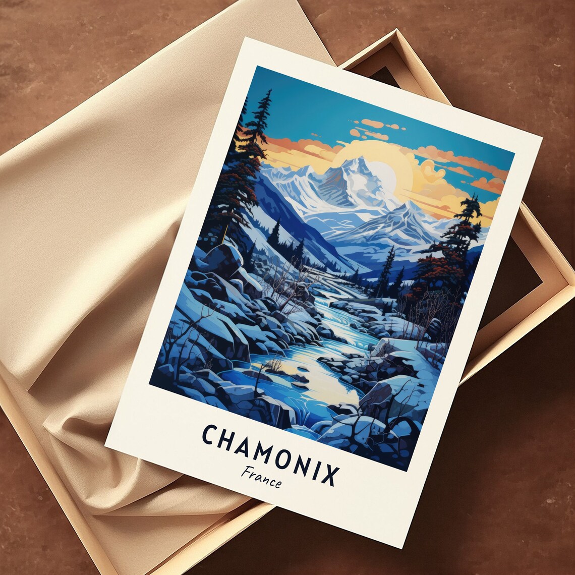 Chamonix France Snowy Peaks Frozen Stream Sunrise Pines Travel Poster - Image 3