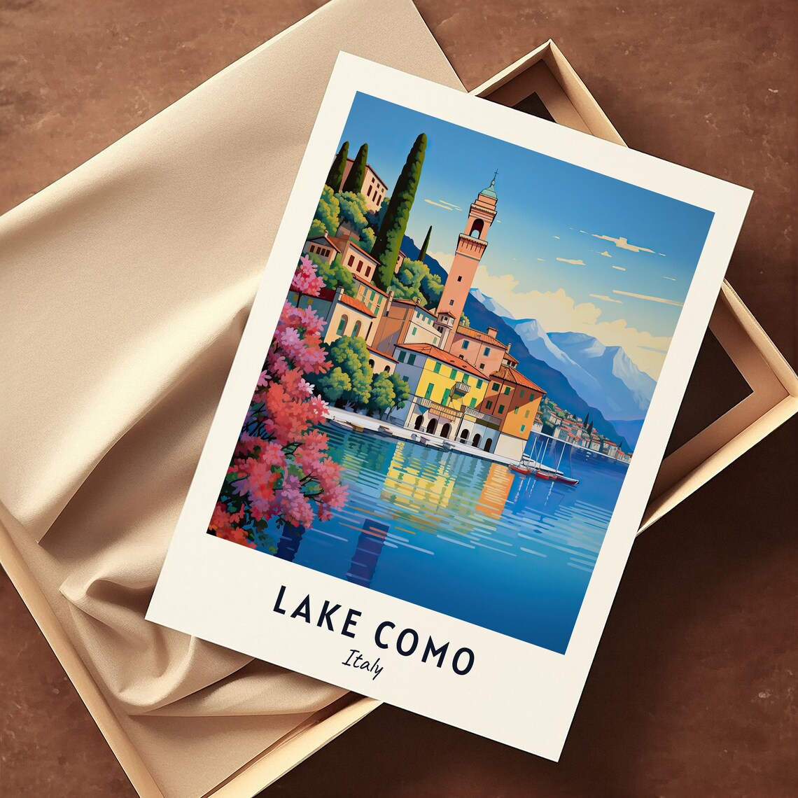 Lake Como Lakeside Village and Bell Tower Italy Travel Poster - Image 3