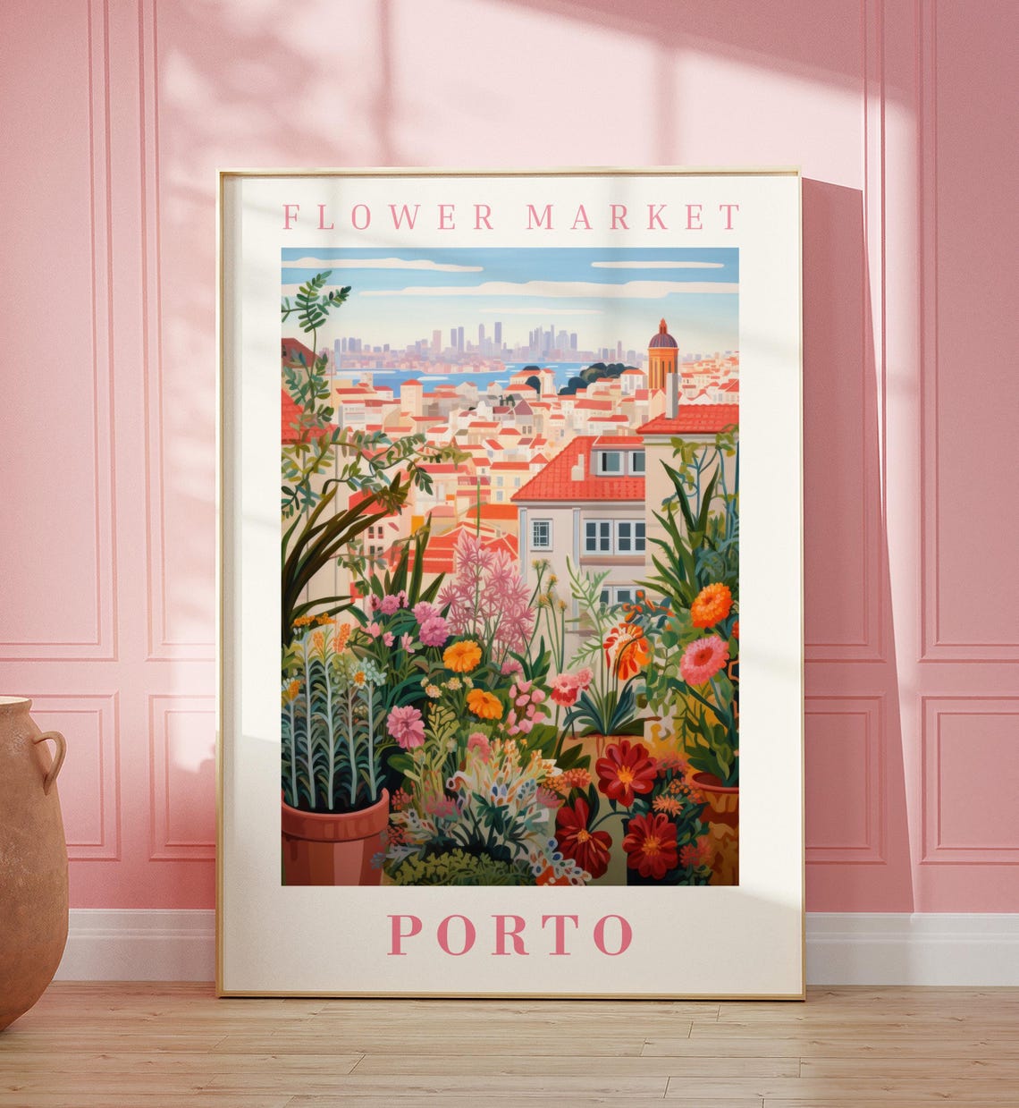 Porto Flower Market Riverside Terrace Red Roof Travel Poster